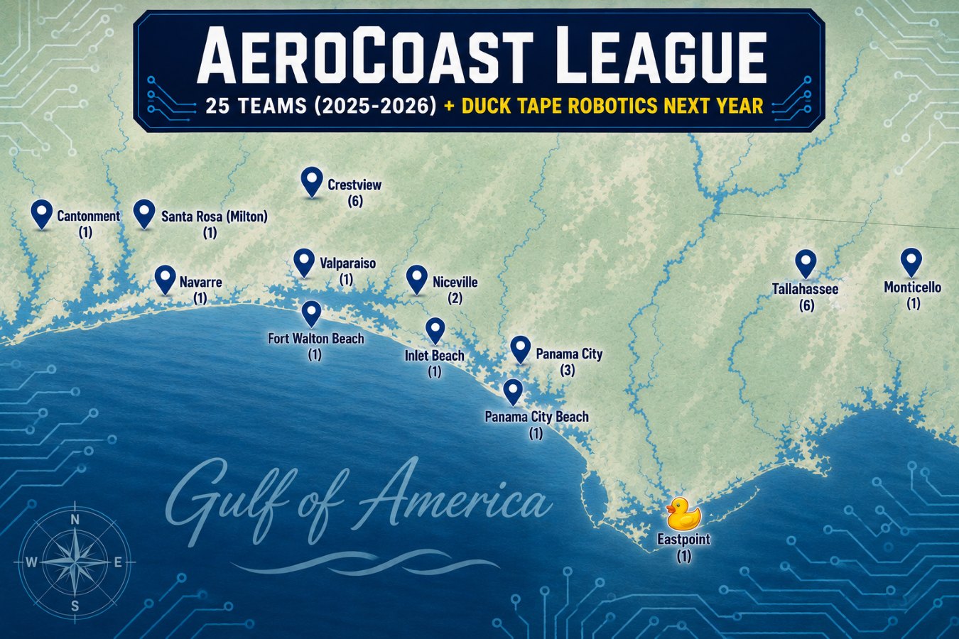 Map of the Florida Panhandle showing AeroCoast League FTC team locations in Crestview, Niceville, Fort Walton Beach, Gulf Breeze, Valparaiso, Inlet Beach, Panama City Beach, Panama City, and Tallahassee